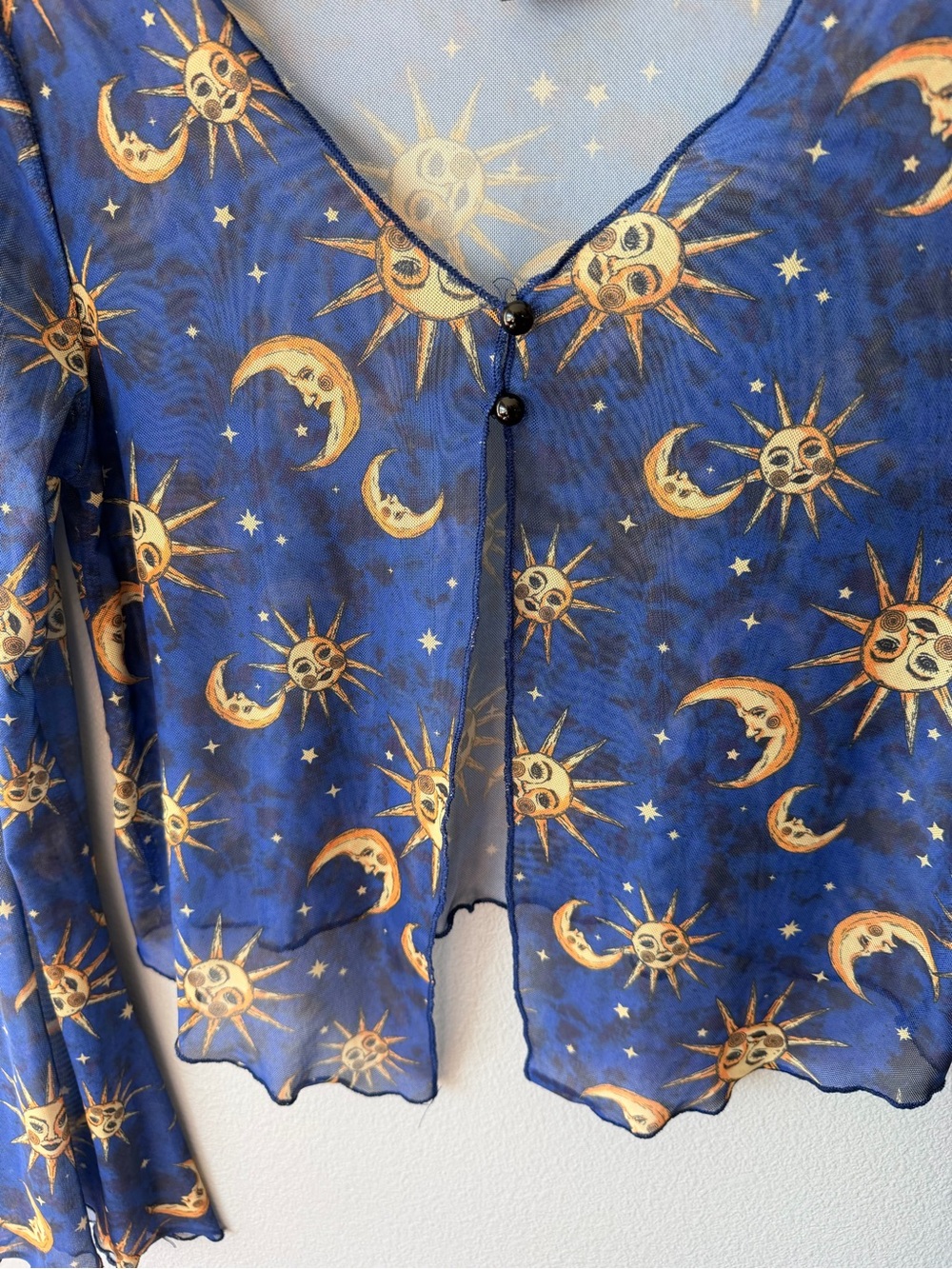 Cosmic Aura celestial sun and moon print sheer mesh crop shrug Women’s sz M - Picture 4 of 5